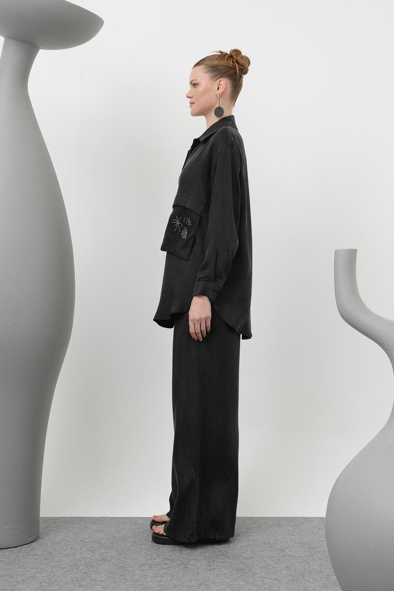 Silk Cupra embroidered pocket two-pieces suit