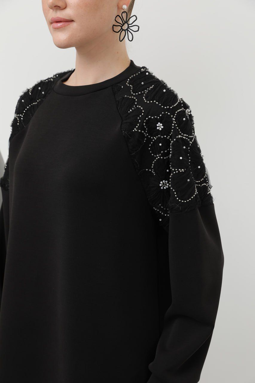 Puane Brand Tunic With Floral Embroidery On the Shoulder Black