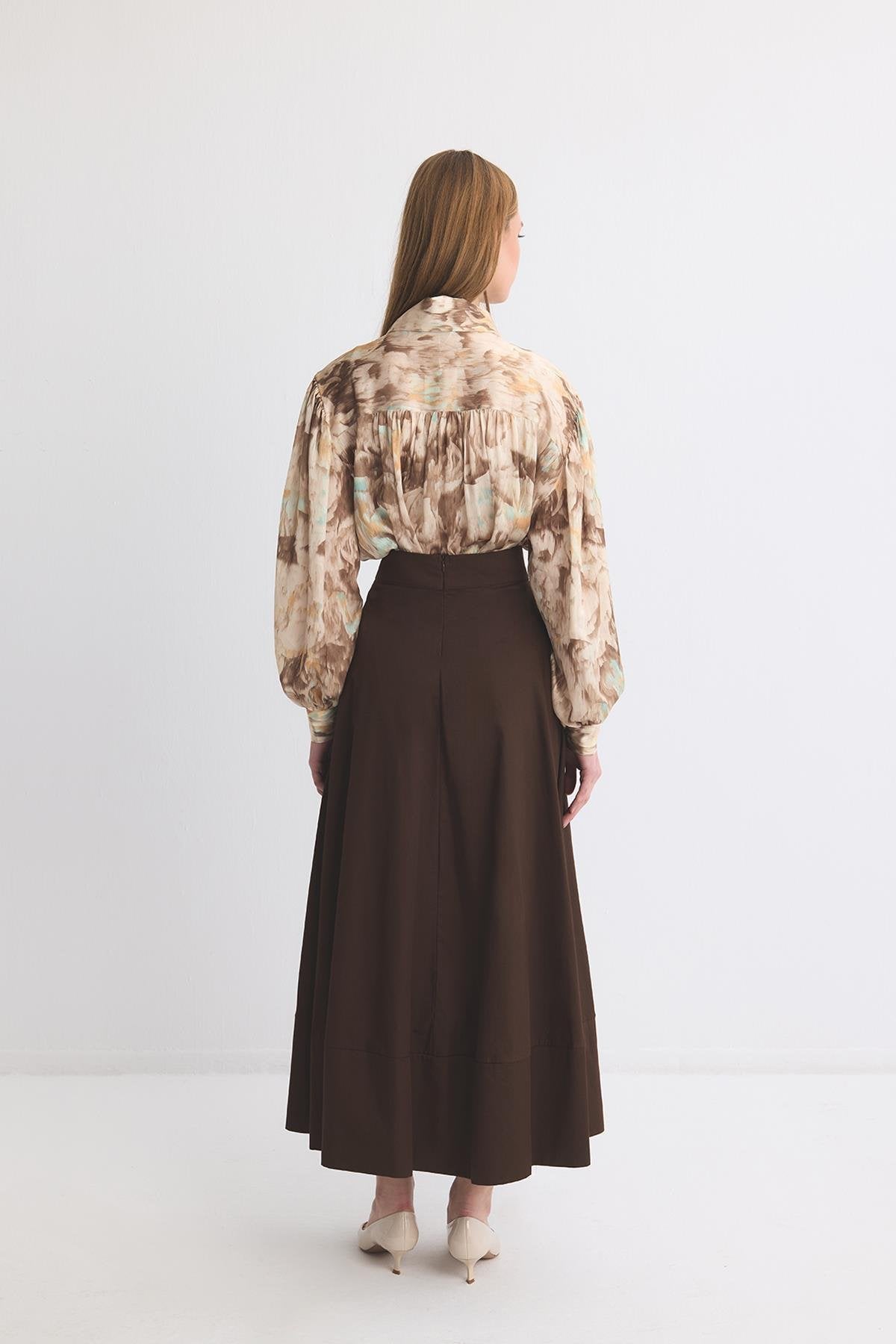 Gabardine Flared Skirt Brown
