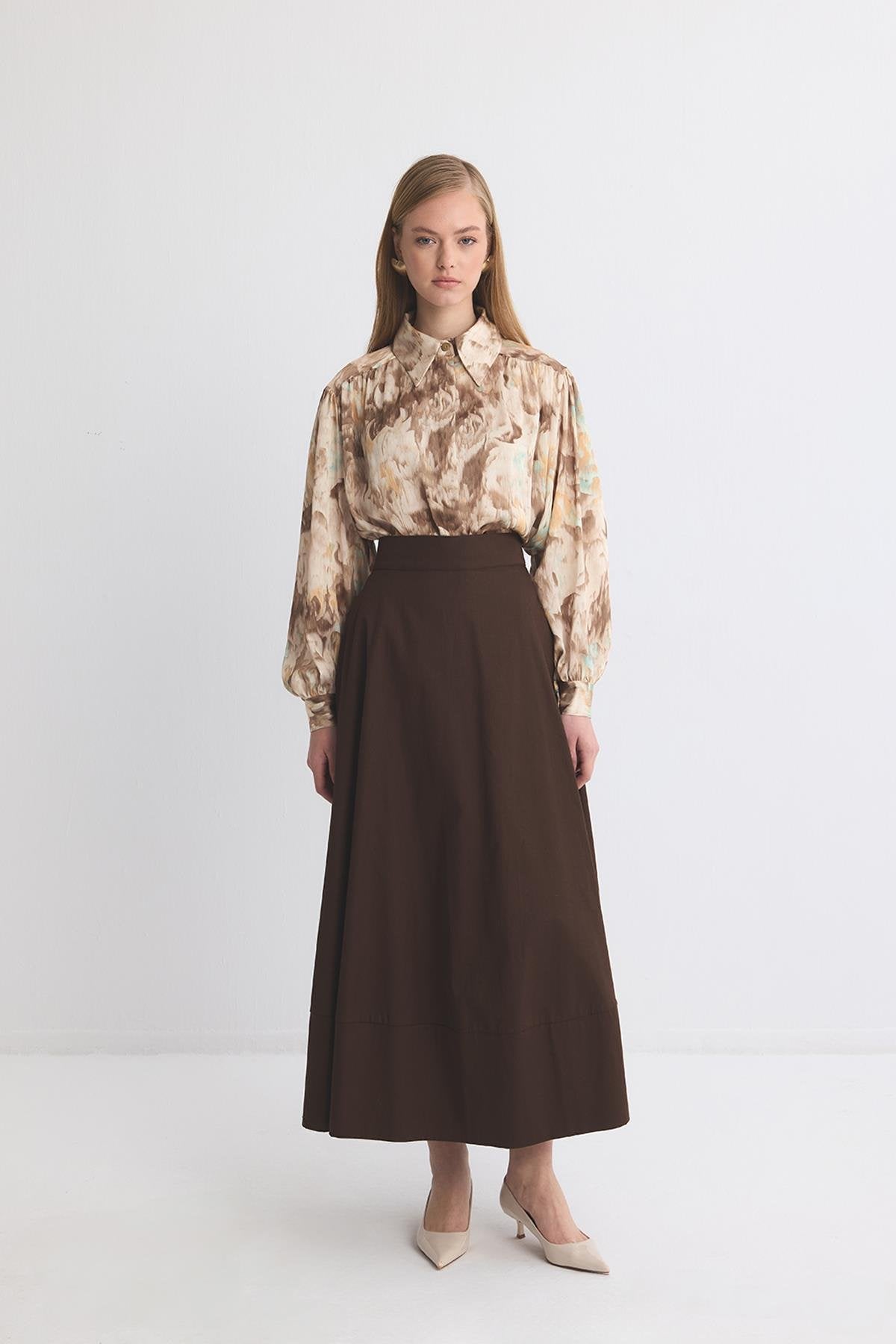 Gabardine Flared Skirt Brown