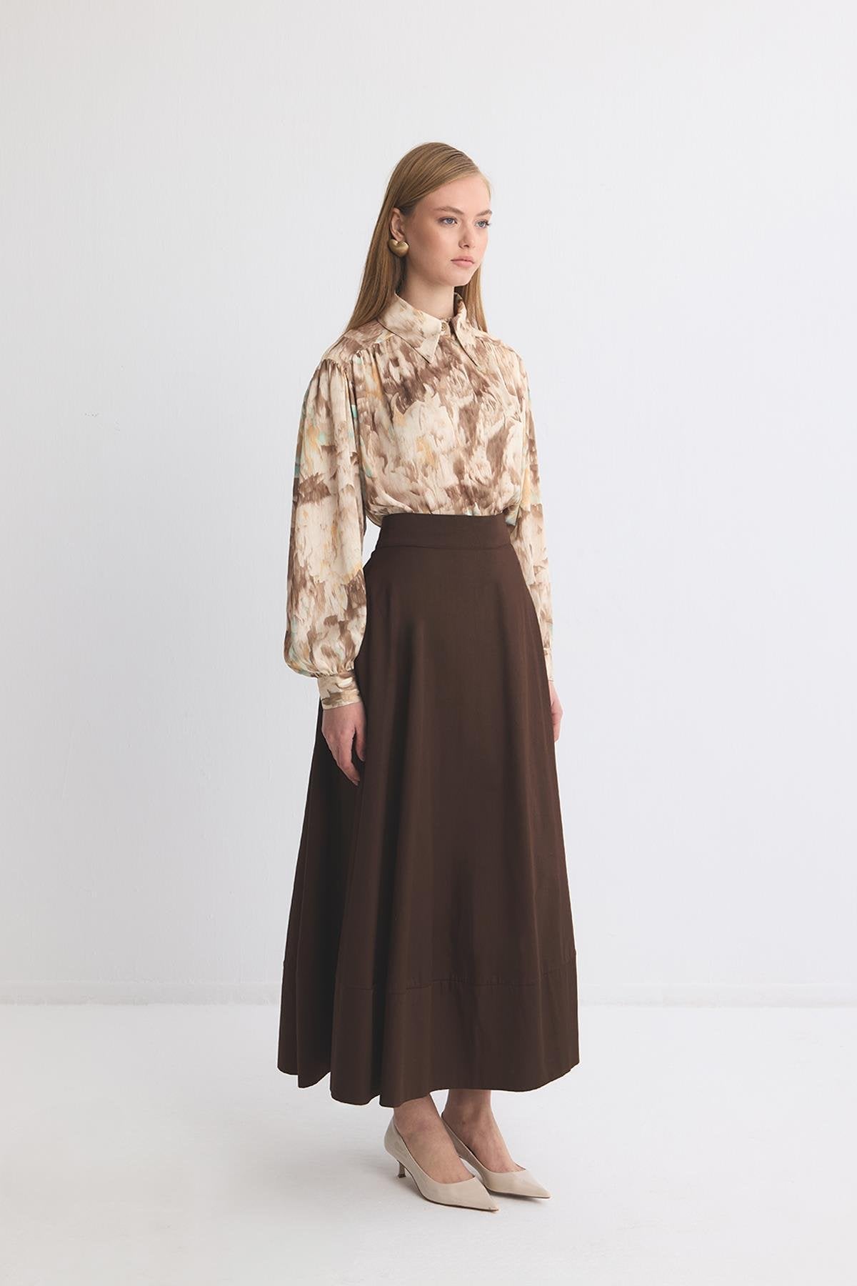 Gabardine Flared Skirt Brown