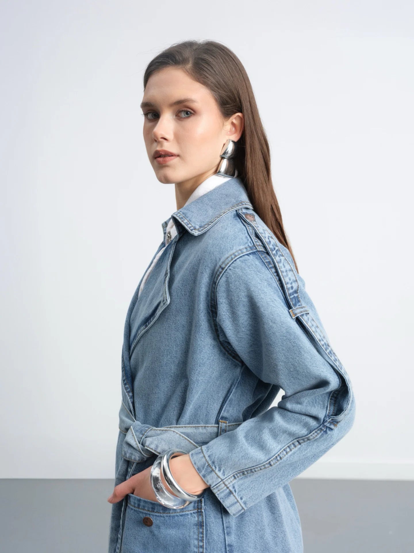 Long Trench Coat With Epaolet Shoulder Detail