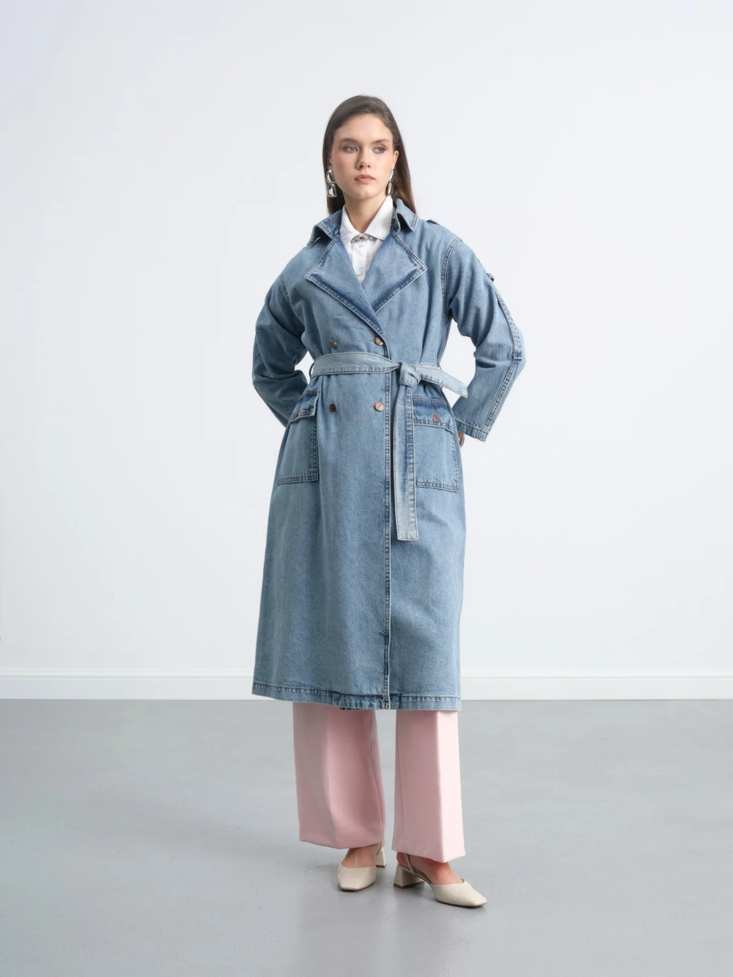 Long Trench Coat With Epaolet Shoulder Detail
