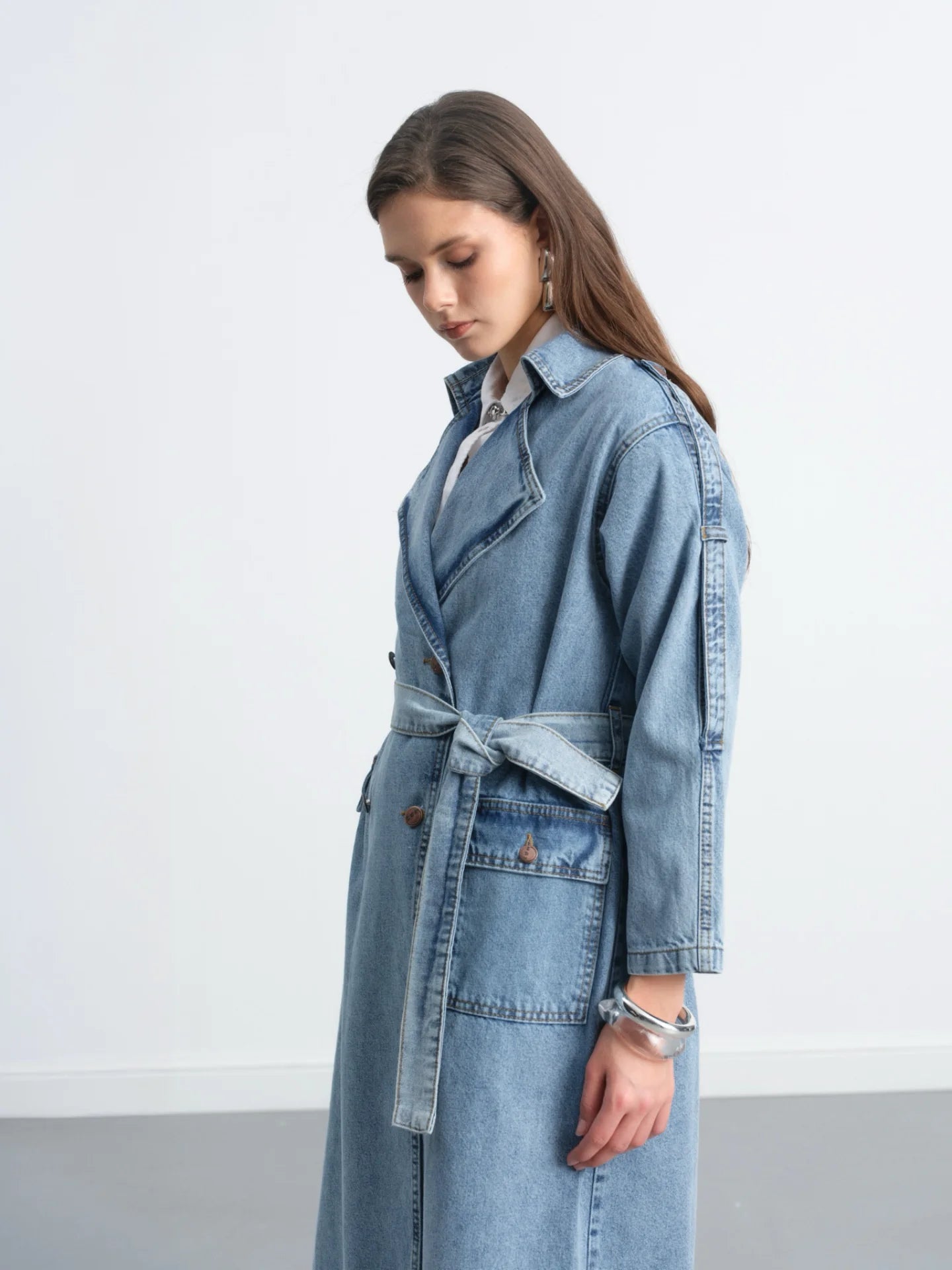 Long Trench Coat With Epaolet Shoulder Detail