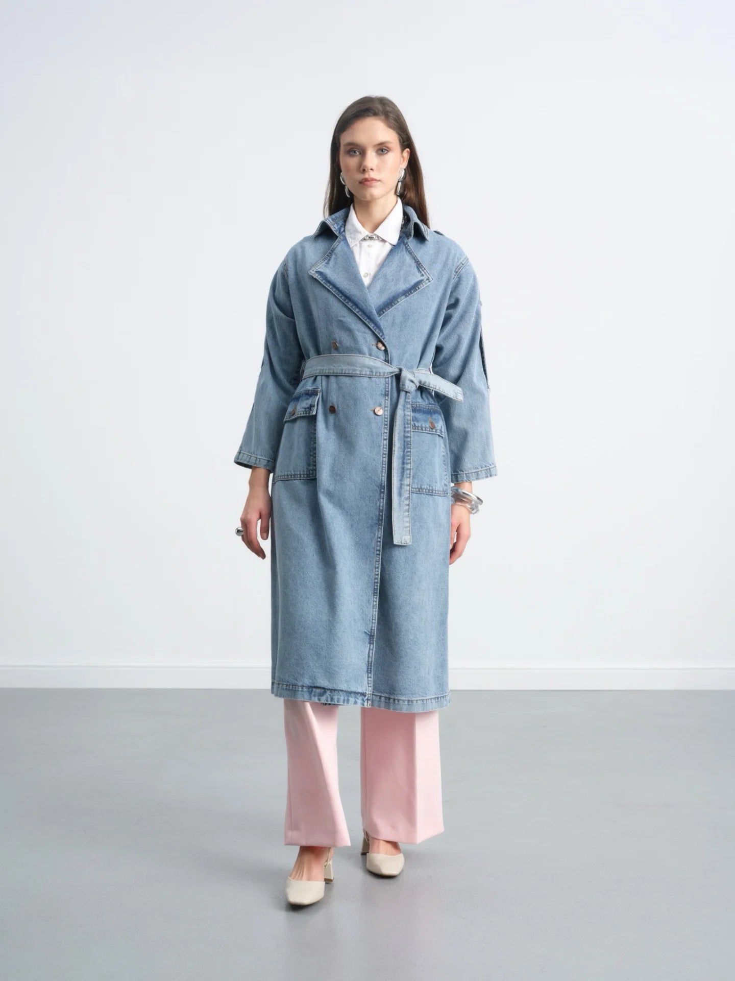 Long Trench Coat With Epaolet Shoulder Detail