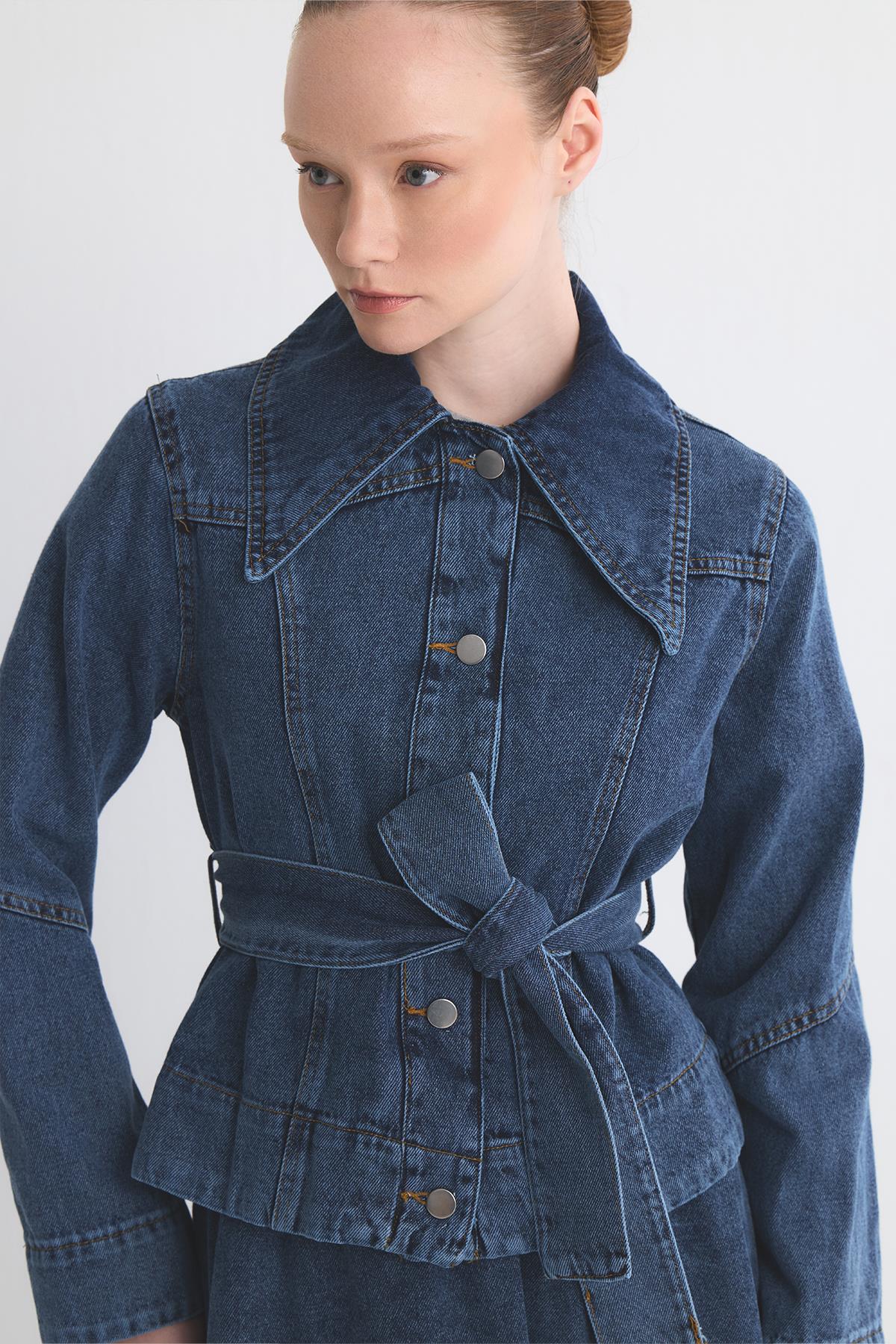 Valencia Belted Denim Skirt suit Navy Blue