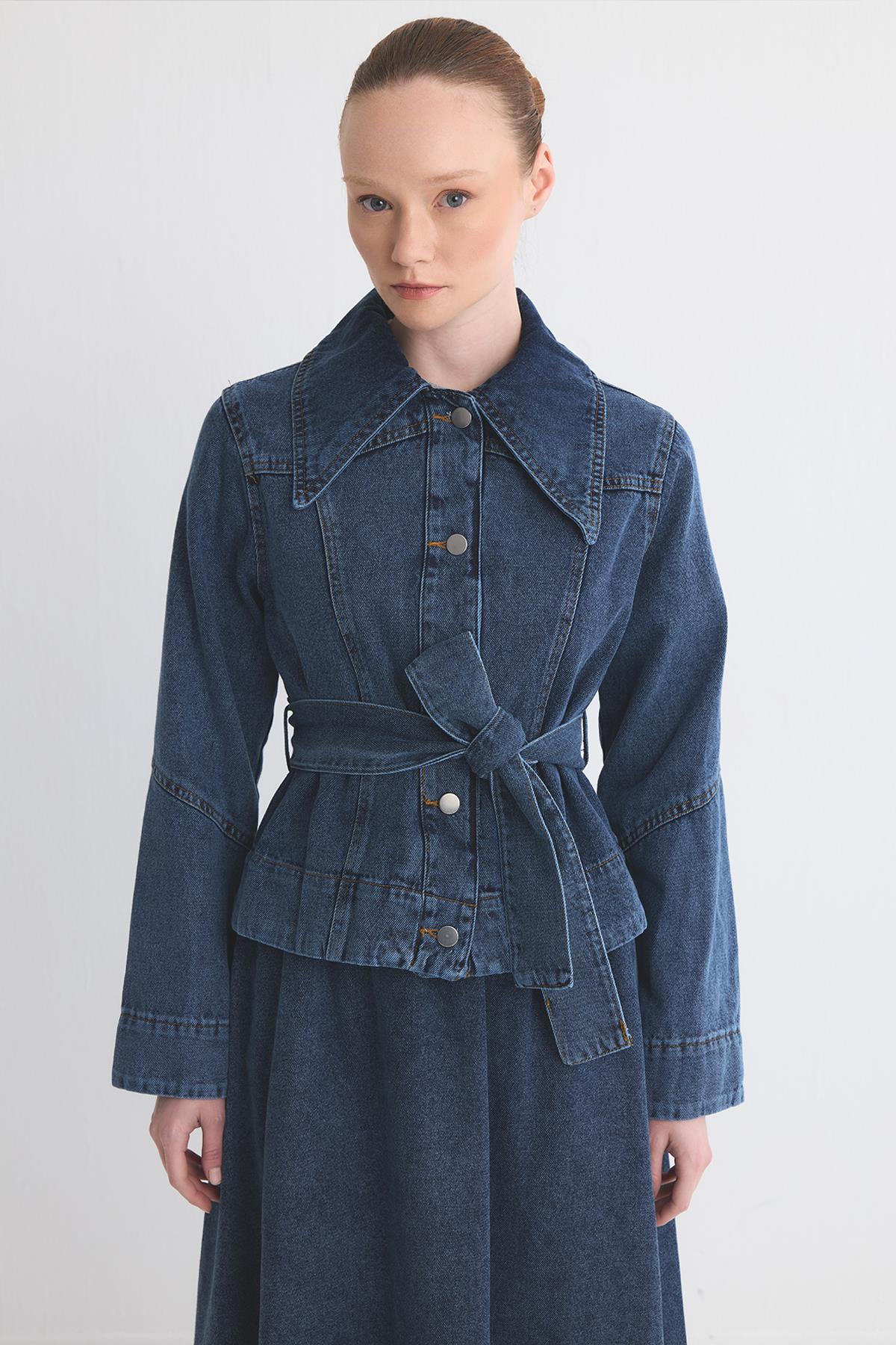 Valencia Belted Denim Skirt suit Navy Blue