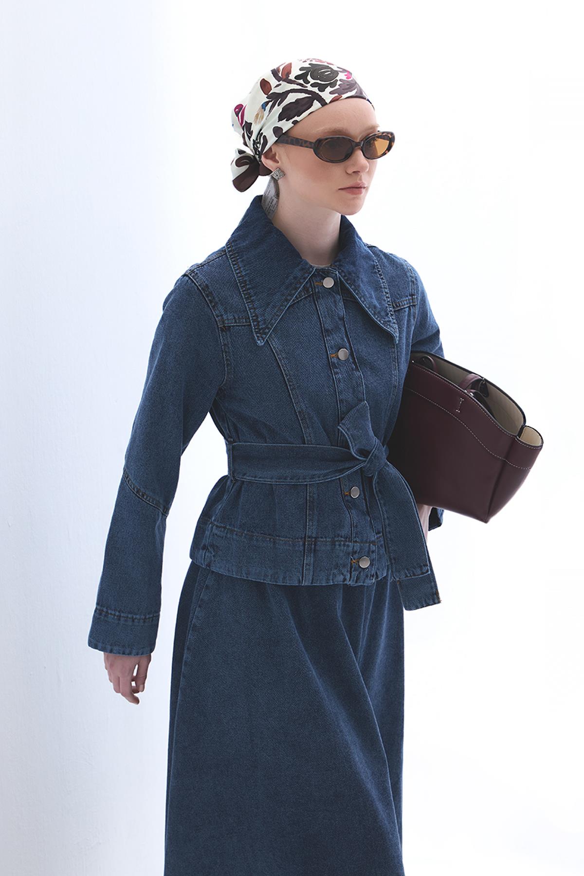 Valencia Belted Denim Skirt suit Navy Blue
