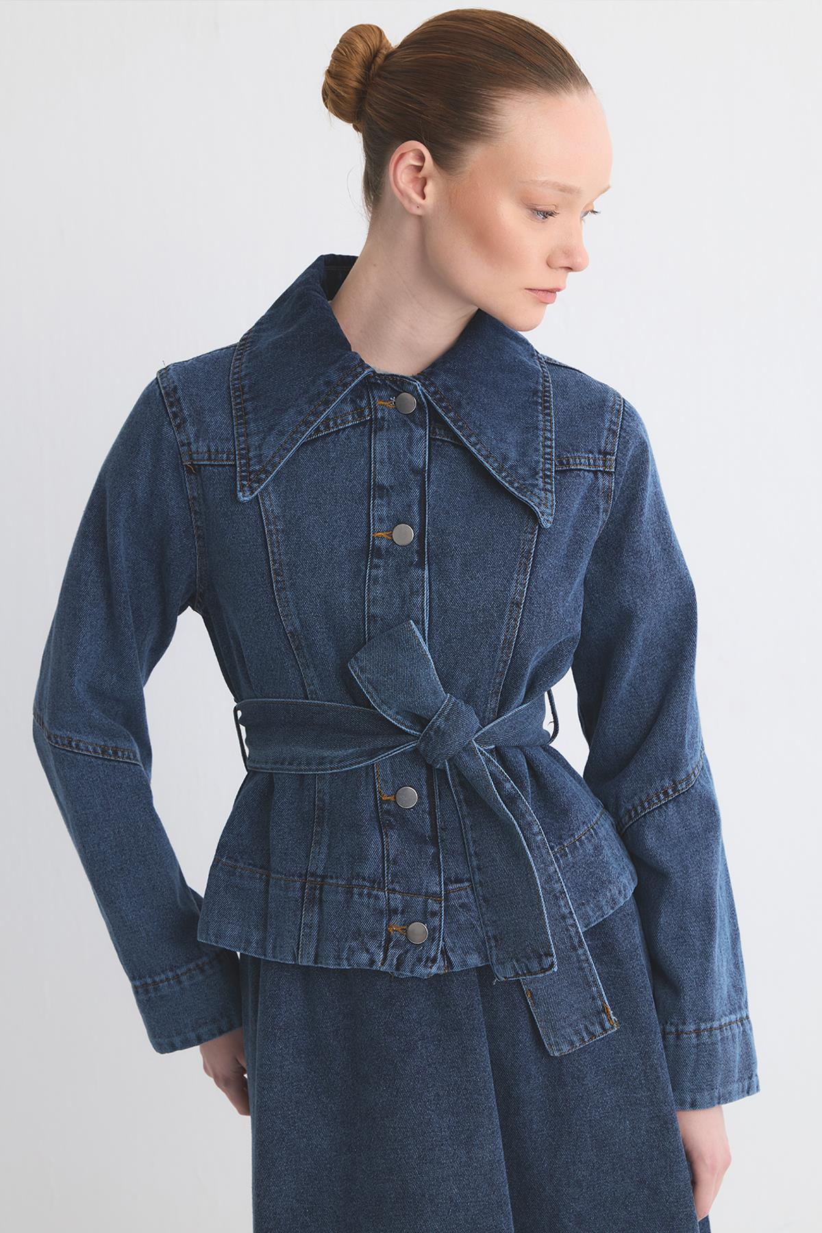 Valencia Belted Denim Skirt suit Navy Blue