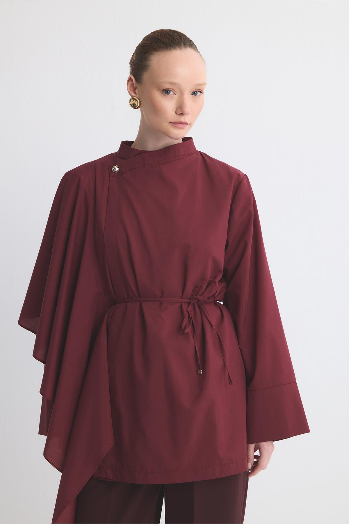 Yella Sleeve Flounced Double Breasted Dacron Shirt Claret
