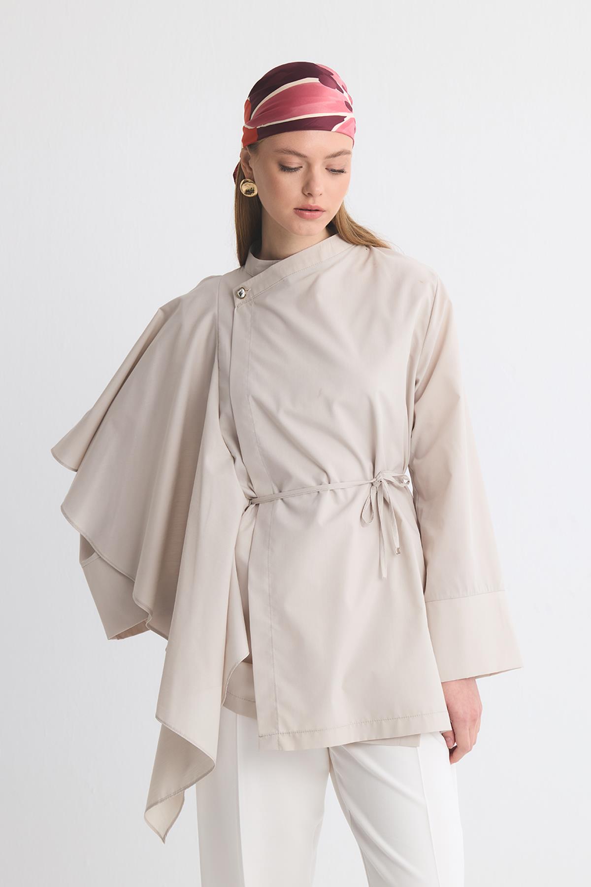 Yella Sleeve Flounced Double Breasted Dacron Shirt
