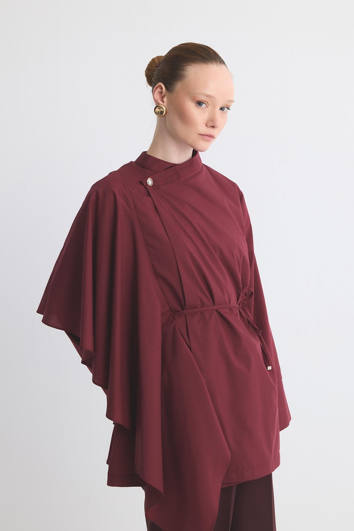 Yella Sleeve Flounced Double Breasted Dacron Shirt Claret