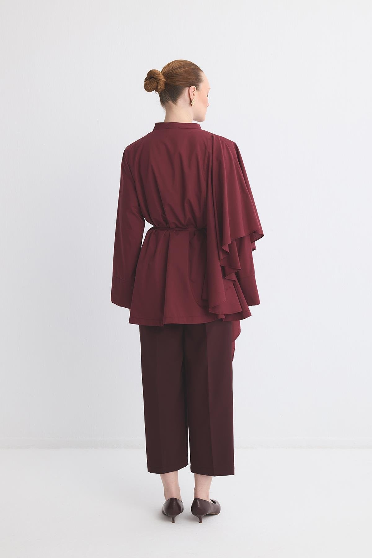 Yella Sleeve Flounced Double Breasted Dacron Shirt Claret
