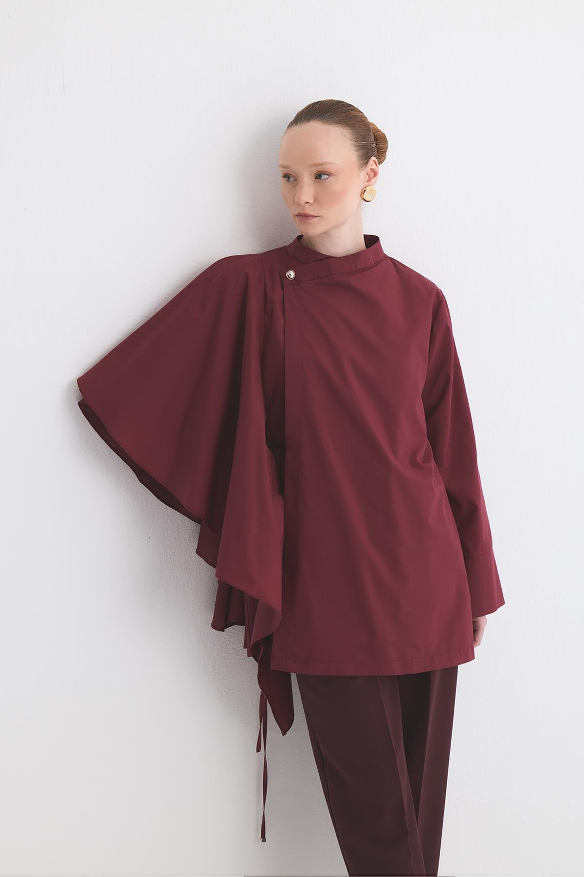 Yella Sleeve Flounced Double Breasted Dacron Shirt Claret