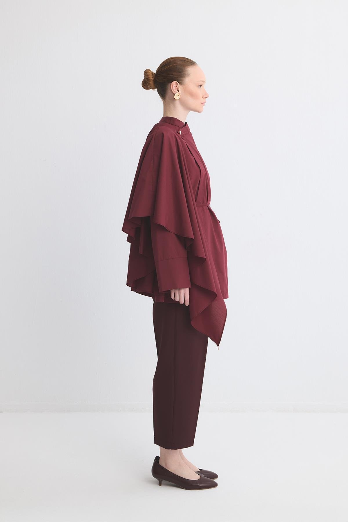 Yella Sleeve Flounced Double Breasted Dacron Shirt Claret