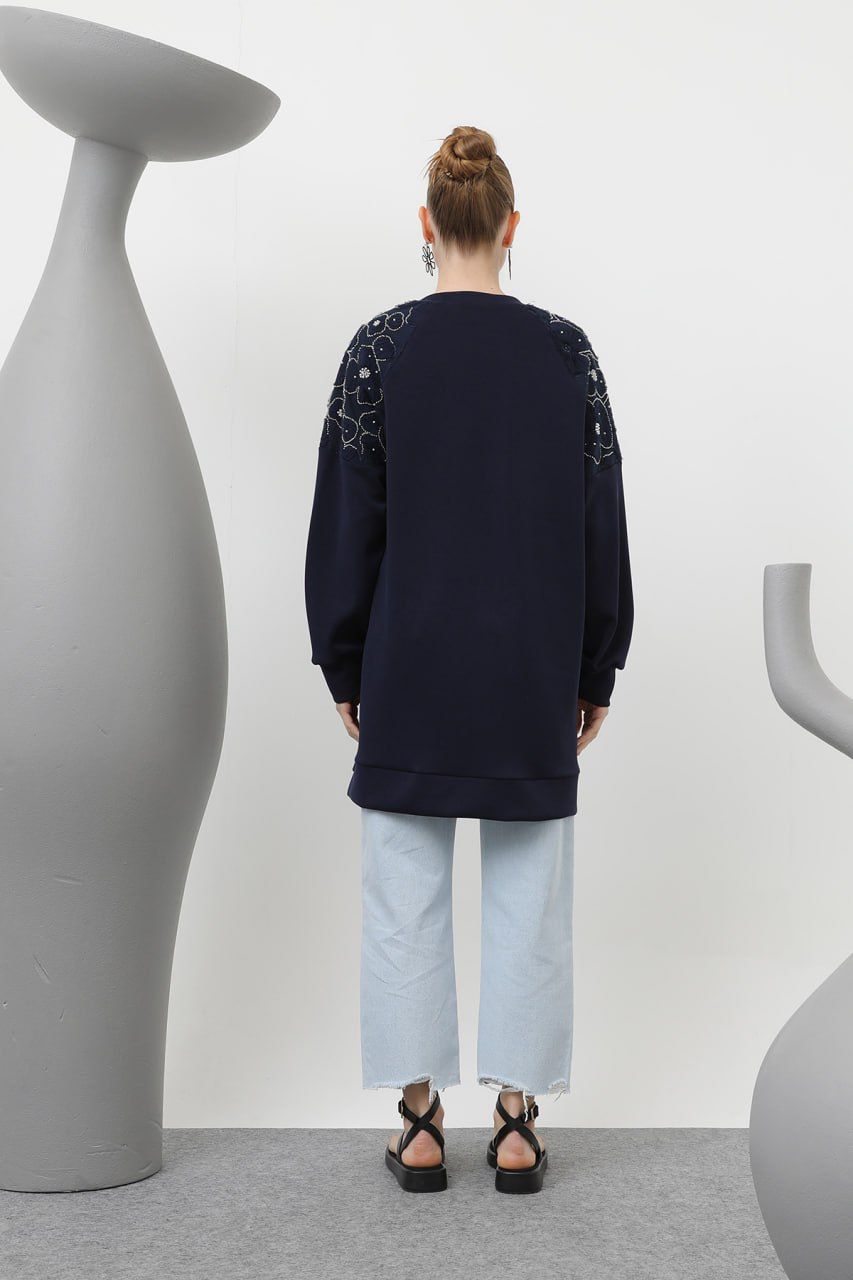 Tunic with floral embroidery on the shoulder Navy