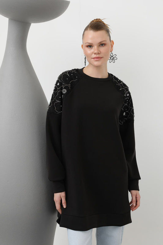 Puane Brand Tunic With Floral Embroidery On the Shoulder Black