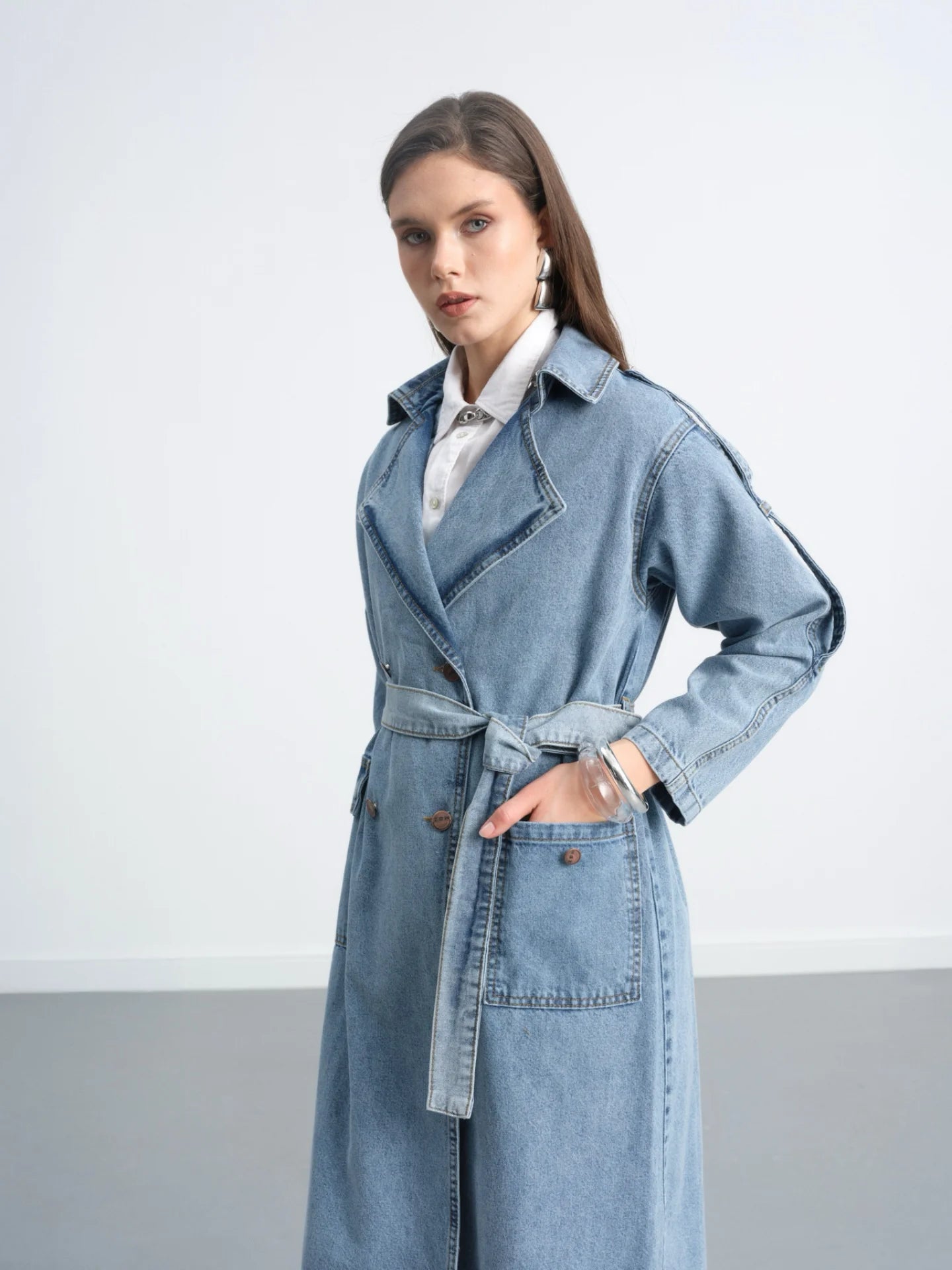 Long Trench Coat With Epaolet Shoulder Detail