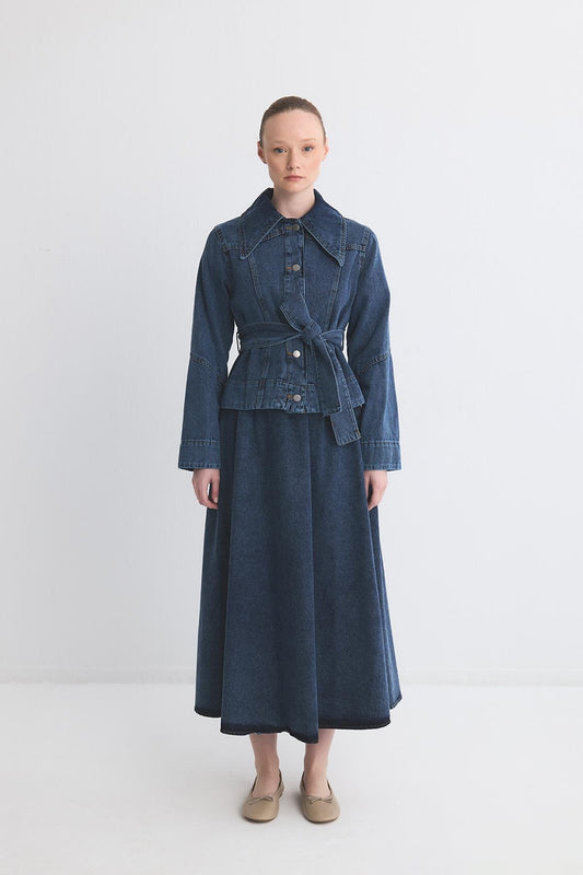 Valencia Belted Denim Skirt suit Navy Blue