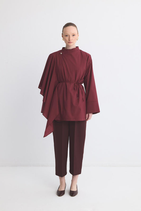 Yella Sleeve Flounced Double Breasted Dacron Shirt Claret